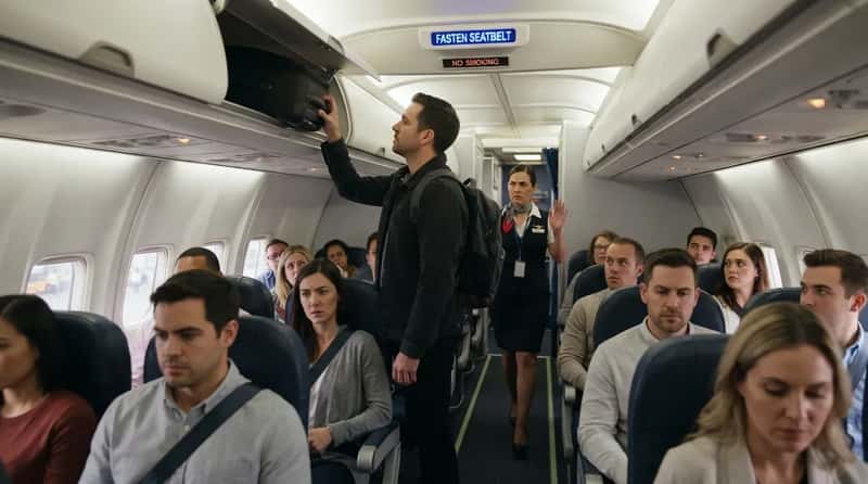 #2 - Standing Up or Opening the Overhead Bin Before the Seatbelt Sign Turns Off (Image Credits: Gemini)