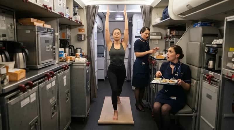 #23 - Doing Sun Salutations in the Airplane Kitchen (Image Credits: Gemini)