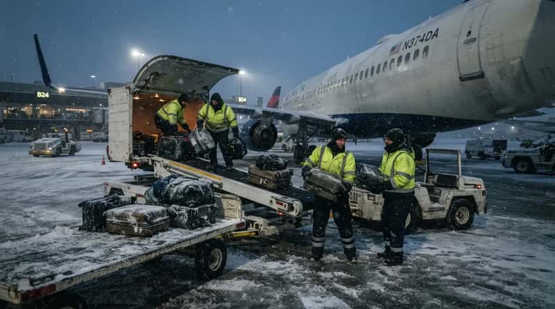 5. Ground crews keep unloading bags in bitter, punishing cold (Image Credits: Gemini)