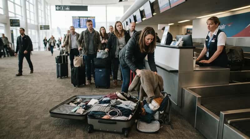 #3 - Repacking an Entire Suitcase at the Counter to Shave Off a Few Ounces (Image Credits: Gemini)