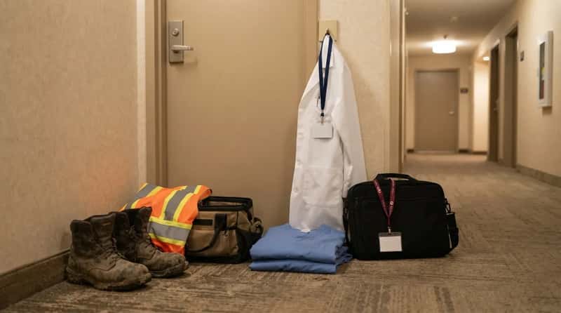 #9 - Work Boots, Scrubs and Lanyards Lined Up in the Hall (Image Credits: Gemini)