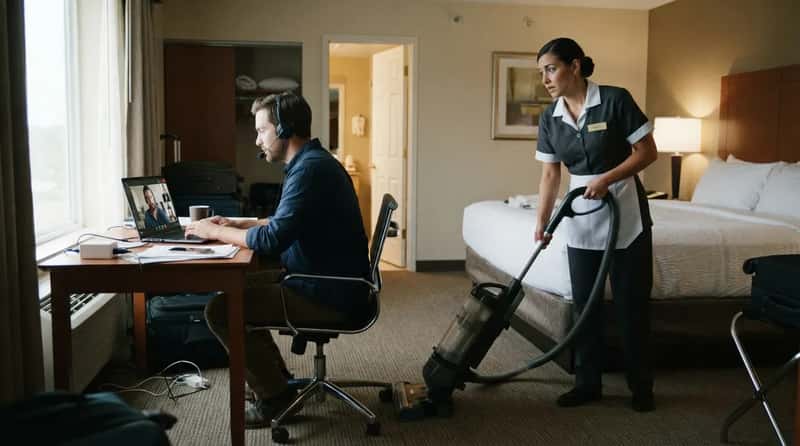 #20 - Sitting on a Zoom Call While a Housekeeper Tries to Clean Around Them (Image Credits: Gemini)