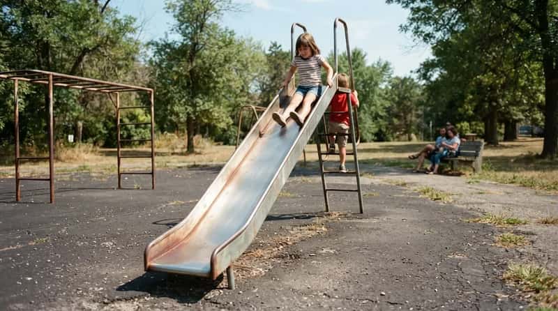 #26 - Scorching Metal Playground Equipment Bolted Into Asphalt (Image Credits: Gemini)