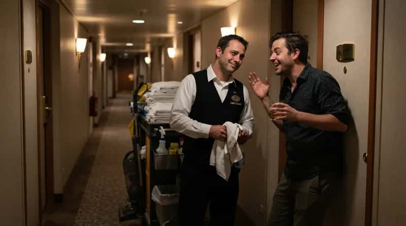 #17 - Cornering an Exhausted Steward for a Boozy 1 a.m. Chat (Image Credits: Gemini)