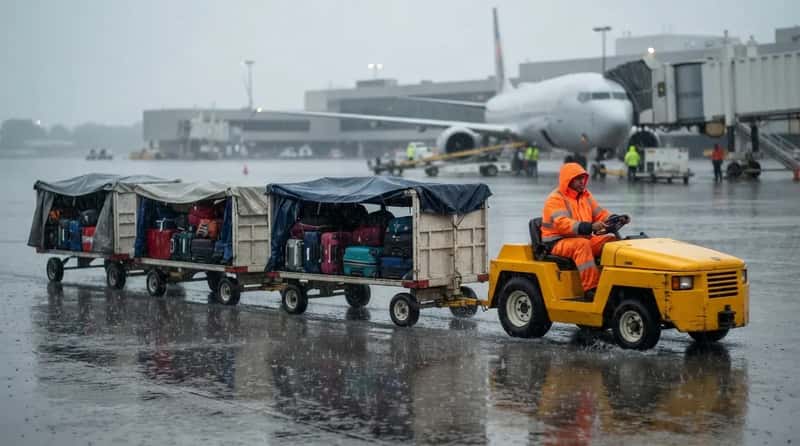 #8 - A Tug Pulls Your Suitcase Across the Ramp, Weather and All (Image Credits: Gemini)