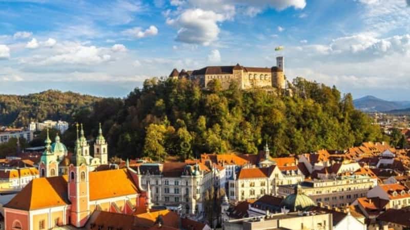 Aerial view of Ljubljana's castle at sunset in Slovenia