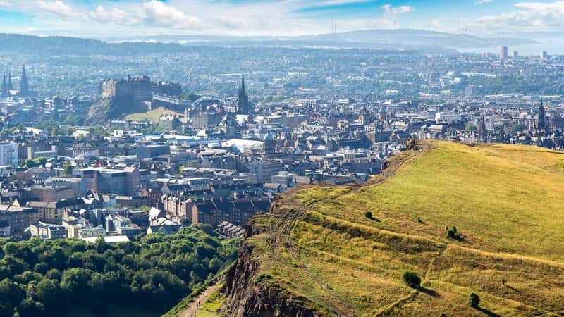 Cityscape of Edinburgh from Arthur's Seat in a beautiful summer day, Scotland, United Kingdom