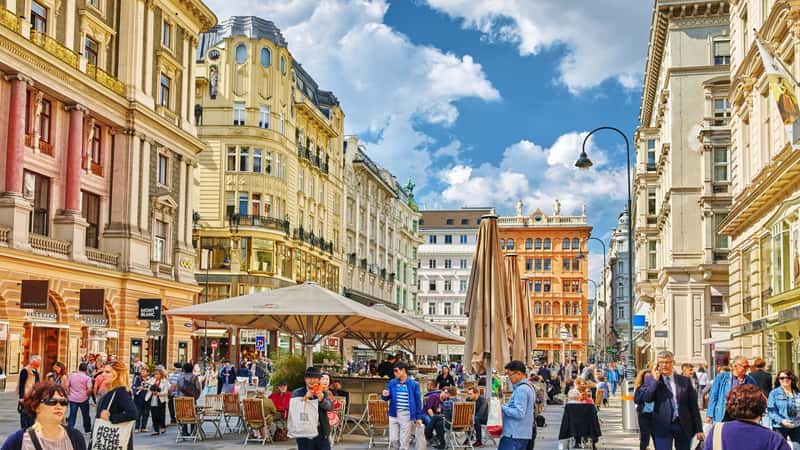 Cityscape views of one of Europe's most beautiful town- Vienna. Peoples on streets, urban life in Vienna. Austria