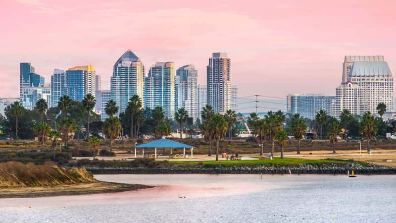 Mission Beach Sunset and View of Downtown, San Diego California, USA
