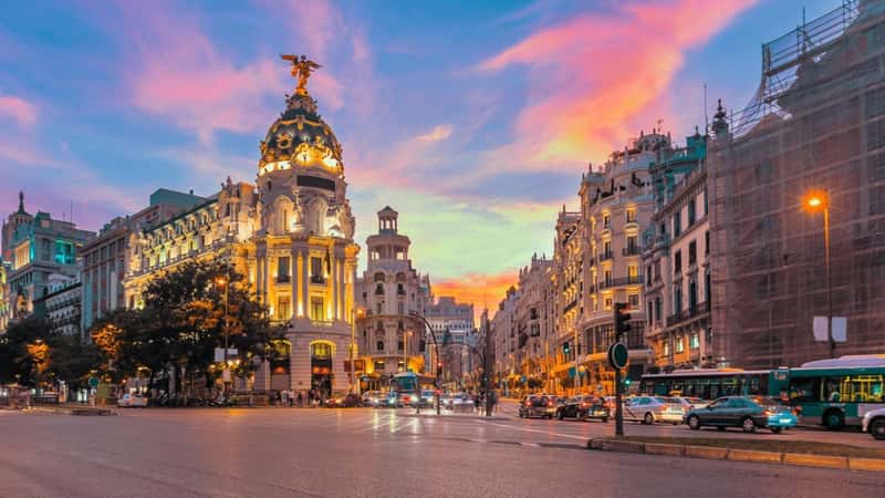 Madrid city skyline gran via street twilight, Spain