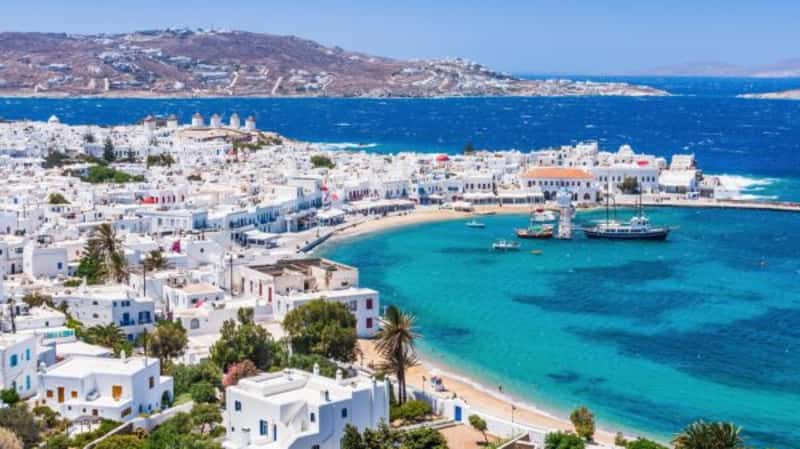 Panoramic view of Mykonos town, Cyclades islands.