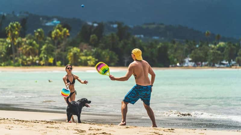 Luquillo, Puerto Rico - February 11 2021: A young attractive couple play with their dog on the beach against tropical background of turquoise water and green palm trees. High quality photo