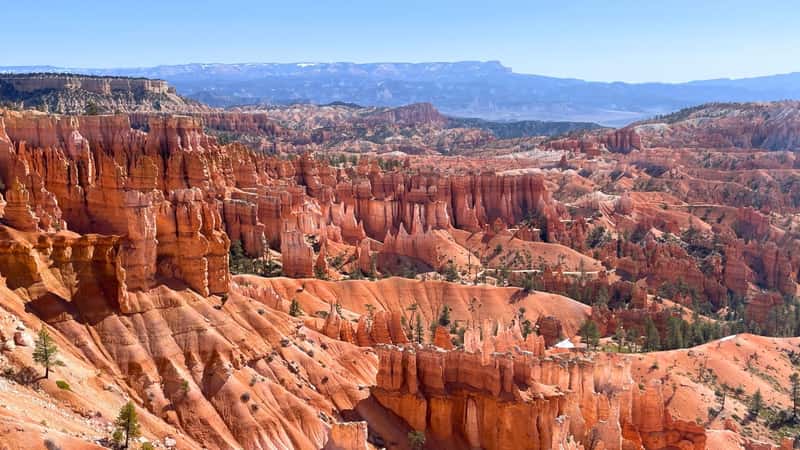 Bryce Canyon National Park in Utah, showcasing its unique geological formations known as hoodoos. The landscape is characterized by intricate rock formations in various shades of red, orange, and white.