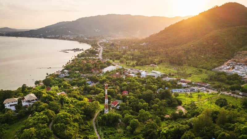 Aerial sunset view of Koh Samui island in the gulf of Thailand famous dreamy travel holiday destination in south east asia