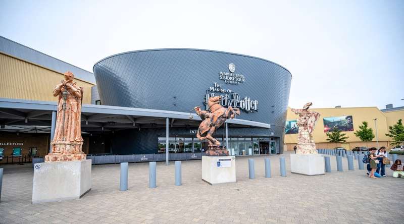 Harry Potter Studios in London. The image showcases the iconic exterior of the studios, with its magical architecture reminiscent of the wizarding world.