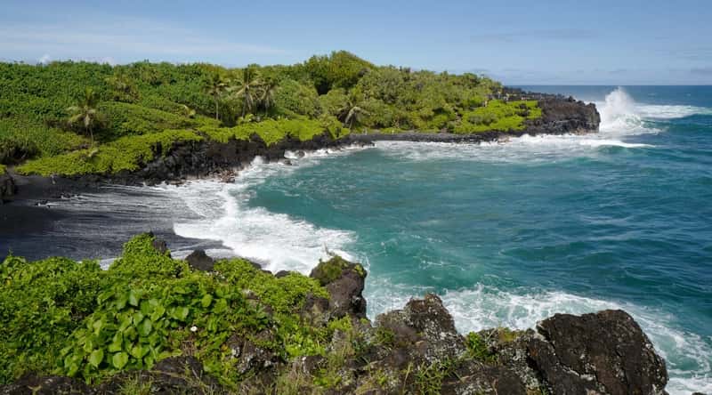 Honokalani Beach is a unique black sand beach located on the eastern shore of Maui, Hawaii, USA. The beach is known for its striking beauty, with jet-black sand made up of fine lava pebbles, surrounded by lush greenery and towering cliffs. Aerial view of a beautiful bay with raging white and blue waves, black sand surrounded by tropical plants.