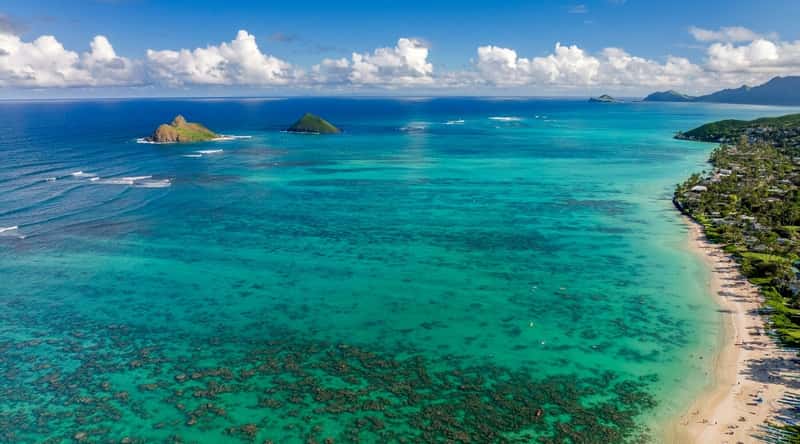 Lanikai Beach in Kailua, Hawaii is a picturesque beach featuring soft, white sand, turquoise waters, and two small offshore islands. Top view of turquoise clear waters and a long coastline of golden sands surrounded by dense forests.