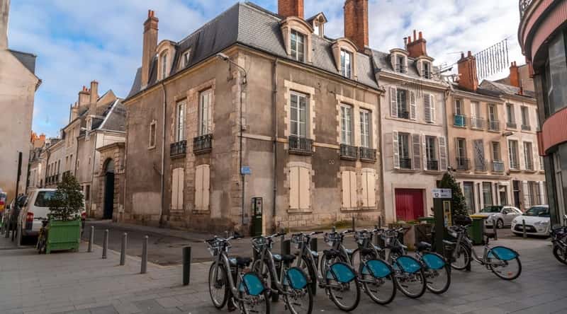 Rental bikes outside a shop along the Loire a Velo Cycle Path in Orleans France.