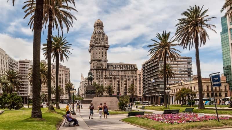 Plaza indepedencia with the building Palacio Salvo and the statue of Jose Artigas in Montevideo, Uruguay