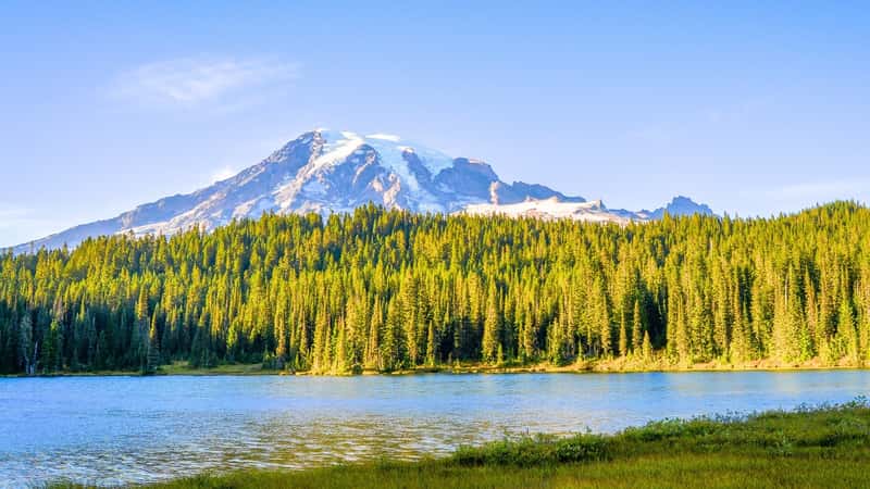 Mount Rainier is seen from Mirror Lake in Mount Rainier National Park. The mountain's majestic snow-capped peak rises above the surrounding forested landscape. Surrounding the lake are pine trees.