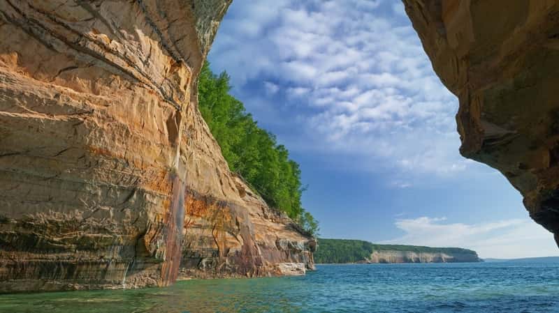 Landscape near sunset of Lover’s Leap Arch, Pictured Rocks National Lakeshore, Lake Superior, Michigan’s Upper Peninsula, USA