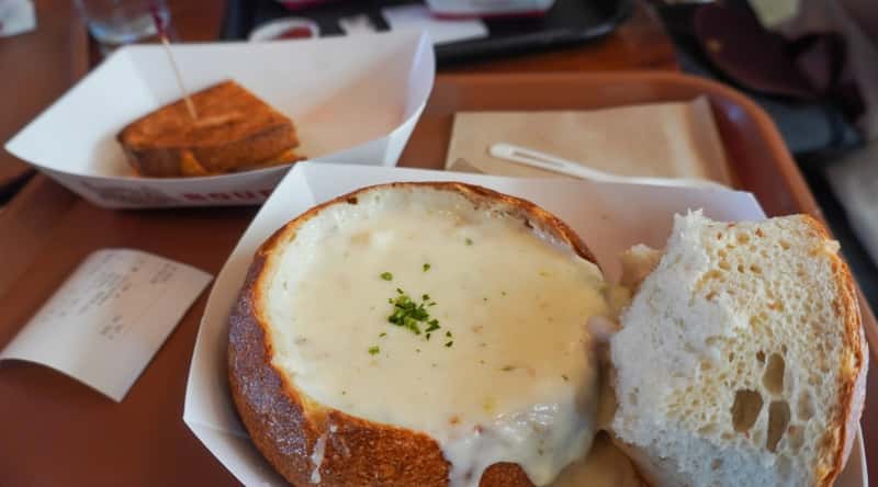 Sourdough Bread Bowl filled with a seafood bisque soup, one of San Fransisco's most signature dishes.