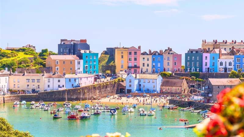 The image depicts Tenby Harbor in Wales, UK, during a calm and sunny day. The houses lining the harbor are brightly colored in various shades such as pink, blue, orange, and others, adding vibrancy to the waterfront scene. In the foreground, a bay with yachts and boats can be seen, showcasing the maritime activity of the area.