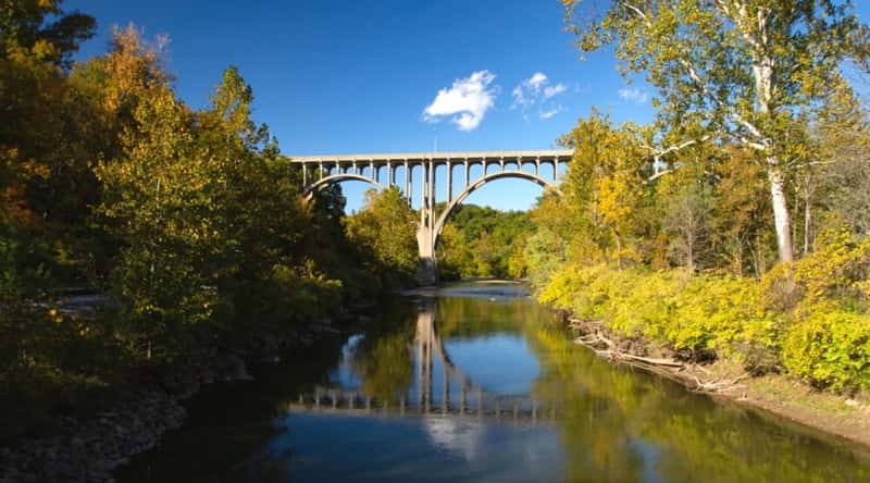 View of the Route 82 Bridge over the Cuyahoga River which is a steel truss bridge that spans the river and provides scenic views of the surrounding wooded valley.
