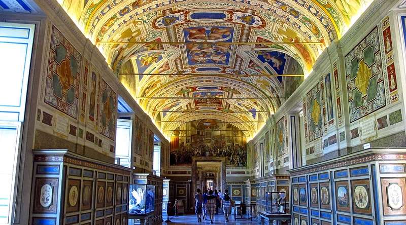 Vatican Museums in Vatican City. The image unfolds a rich tapestry of art and culture, featuring opulent galleries adorned with intricate frescoes, classical sculptures, and ornate architecture.
