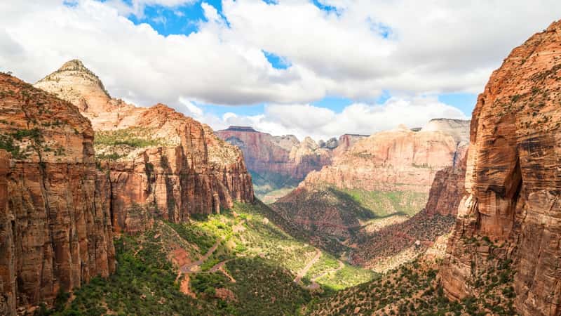 Canyon overlook in Zion National Park, Utah, located in North America. The scene features rugged rock formations and deep canyons typical of the park's landscape.