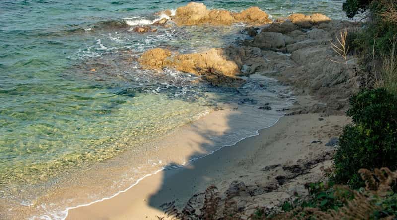 Looking down at Plage des Canoubiers, you've got this amazing scene. The water's crazy clear, and there are these decent-sized waves rolling in and crashing against the little rocks along the shore. The beach is nicely shaded thanks to a bunch of trees.