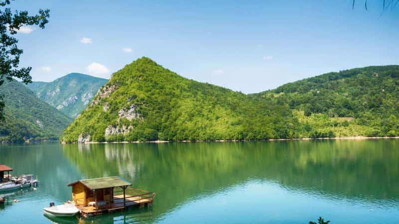 Perucac, Serbia July 31, 2017: Houseboats of Perucac lake, Tara National Park (Serbia)