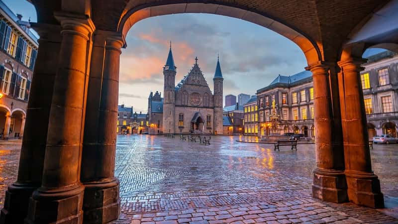 Inner courtyard of the Binnenhof palace in the Hague, Netherlands at night