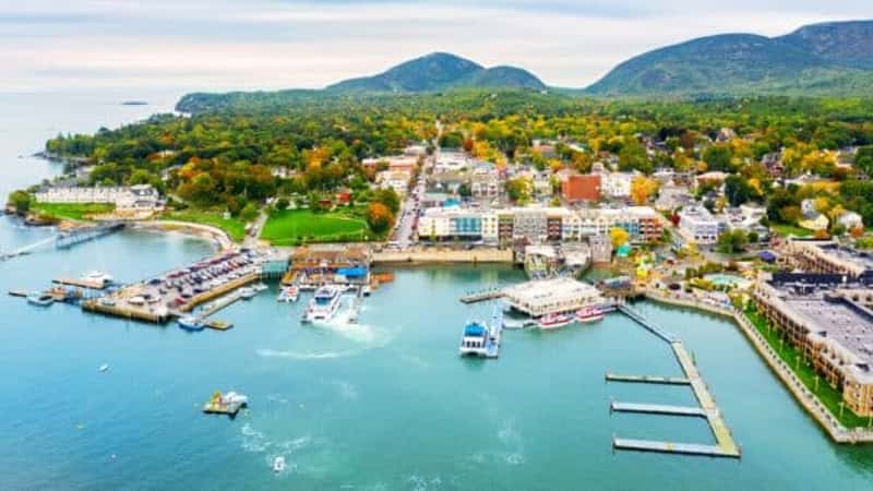 Aerial view of Bar Harbor, Maine. Bar Harbor is a town on Mount Desert Island in Hancock County, Maine and a popular tourist destination.
