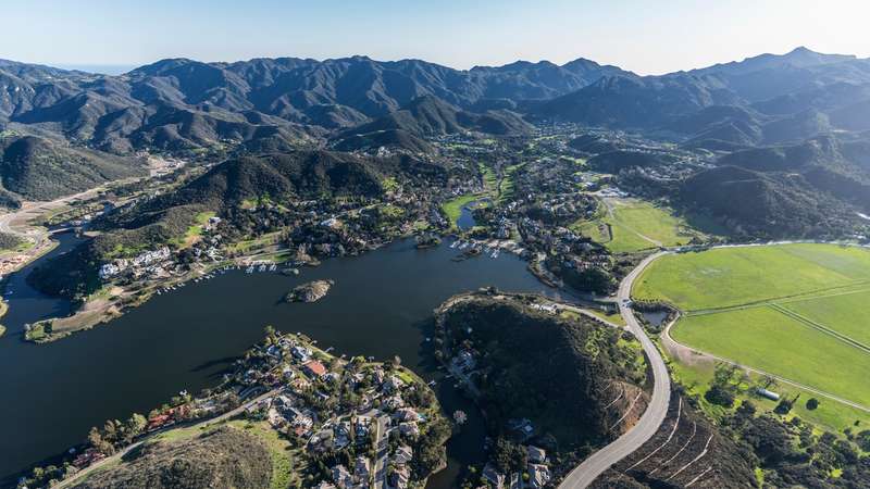 Aerial view of Lake Sherwood and Potrero Road in scenic Hidden Valley near Thousand Oaks California.