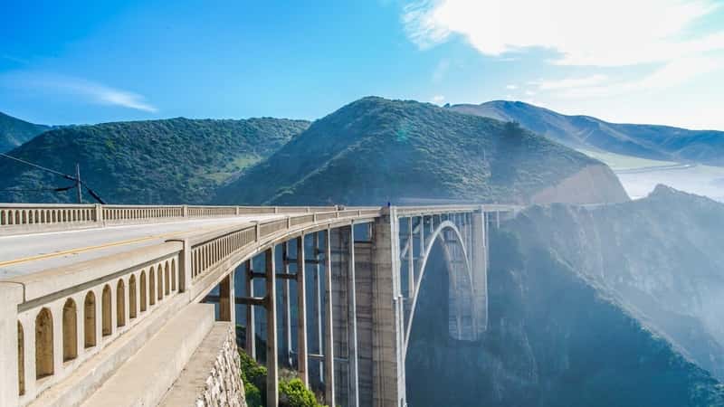 Bixby bridge,scenic ocean view point at Big Sur,highway 1 coastline scenic road,Carmel,California with horizon turquoise crazy wave of Pacific ocean with toned color and long exposure photographic
