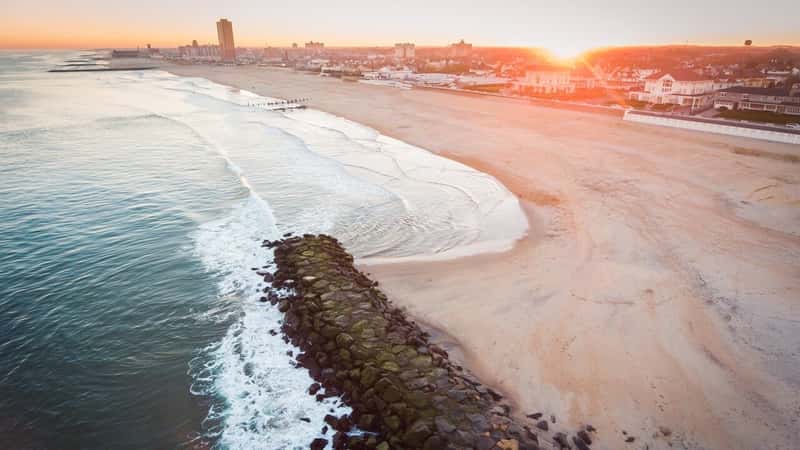 Aerial view of Atlantic Ocean near Asbury Park, New Jersey at sunset