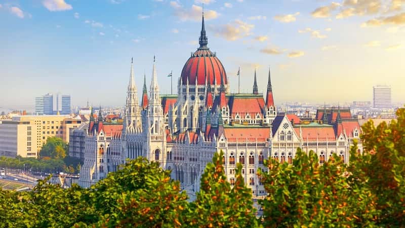 Panorama with Budapest Hungarian Parliament building at Danube river in city, Hungary.