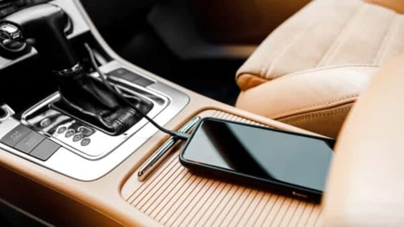 Charger plug phone on car. Power plug phone in car