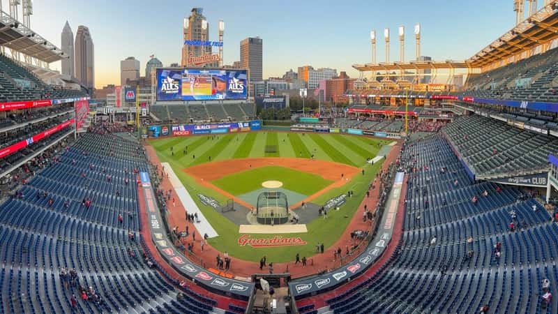 Progressive Field panorama, home of the Cleveland Guardians. Progressive Field has been home to the MLB Guardians since 1994.