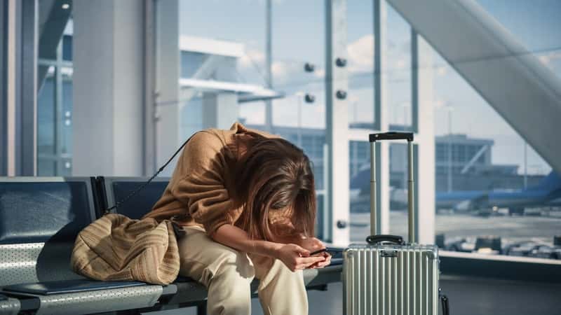 Airport Terminal: Woman Waits for Flight, Uses Smartphone, Receives Bad News, Starts Crying.