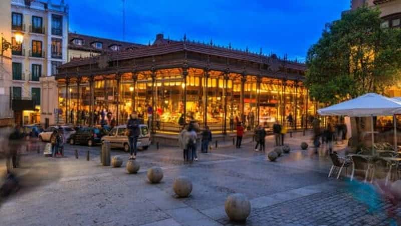 Night view of Mercado San Miguel in Madrid, Spain. Mercado San Miguel of Madrid is one of the most popular landmark in Madrid, Spain. Architecture and landmark of Madrid.