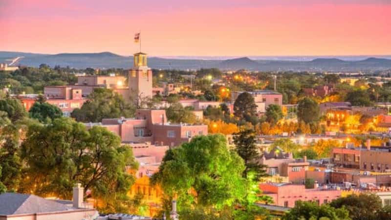 Santa Fe, New Mexico, USA downtown skyline at dusk.