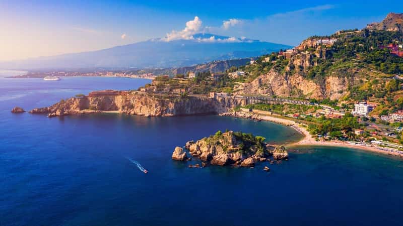 View of Taormina located in Metropolitan City of Messina, on east coast of Sicily island, Italy.