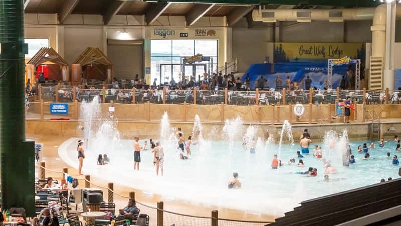 A view of the indoor water park and pool area at Great Wolf Lodge.