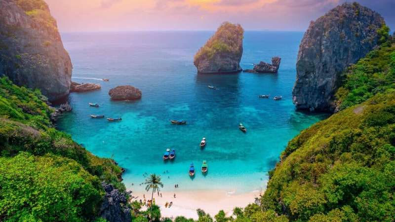 Aerial drone Landscape Turquoise lagoon Nui beach koh Phi Phi Don island, Krabi, Thailand.