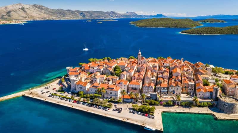 Aerial view of Korcula old town on Korcula island, Croatia.