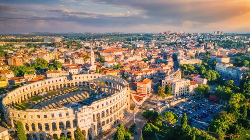 Splendid view at famous european city of Pula and arena of roman time. Location place of Istria county, Croatia, Europe. Wonders of the world. UNESCO world heritage site. Discover the beauty of earth.