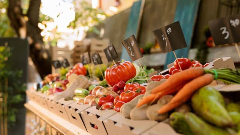 Detailed view of organic agricultural fresh produce in cardboard boxes placed on greenmarket stands with price tags. Closeup of locally grown colorful fruits and vegetables at farmers market booth.