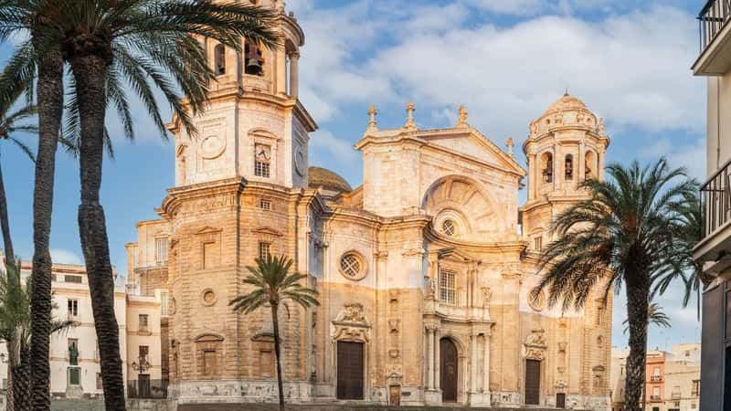 Cadiz Cathedral facade surrounded by palm trees in Andalusia, Spain